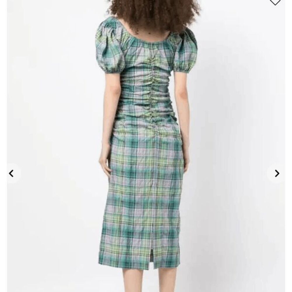 NWT GANNI Checked Seersucker Midi Dress in Lagoon Green Purple Size Small (36) - Picture 2 of 16